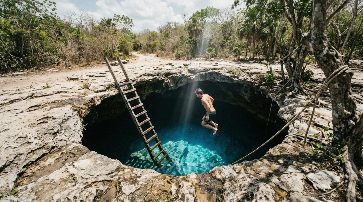 The jump hole and ladder at Cenote Calavera near Tulum