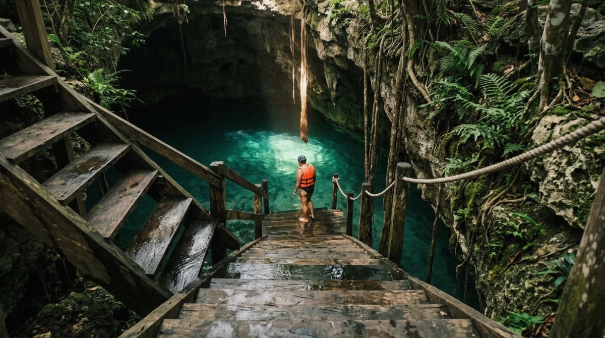 Wooden stairs descending into a limestone cenote at first light near Tulum