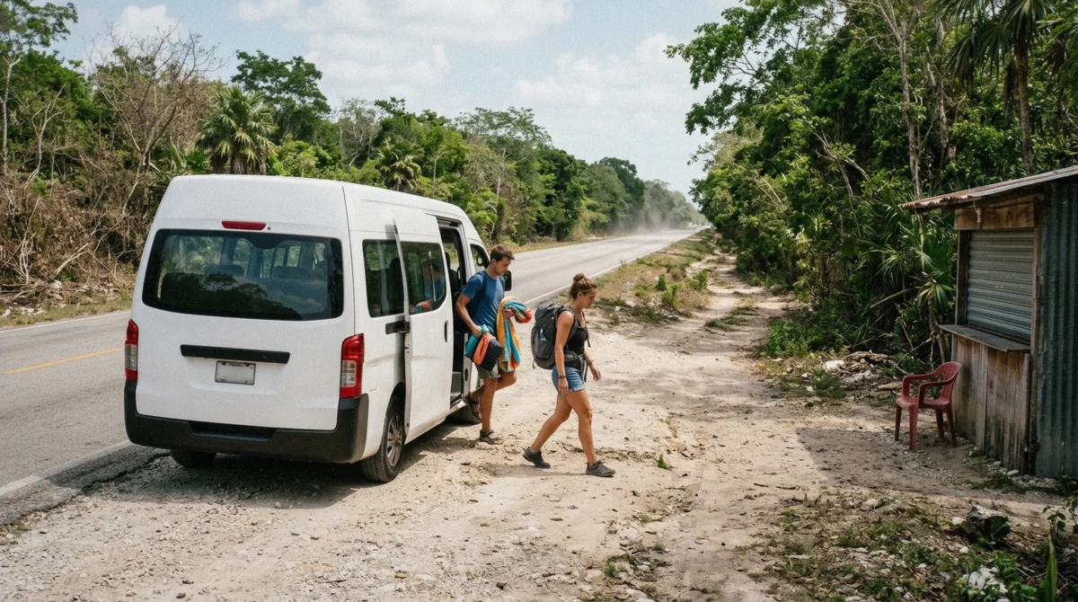 A colectivo van dropping travellers on Highway 307 at the turn-off for a cenote near Tulum