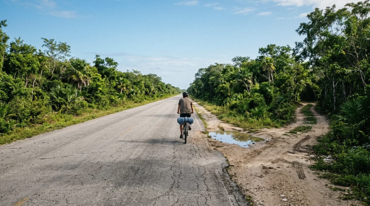 A cyclist on the Coba road out of Tulum heading for a cenote without a tour