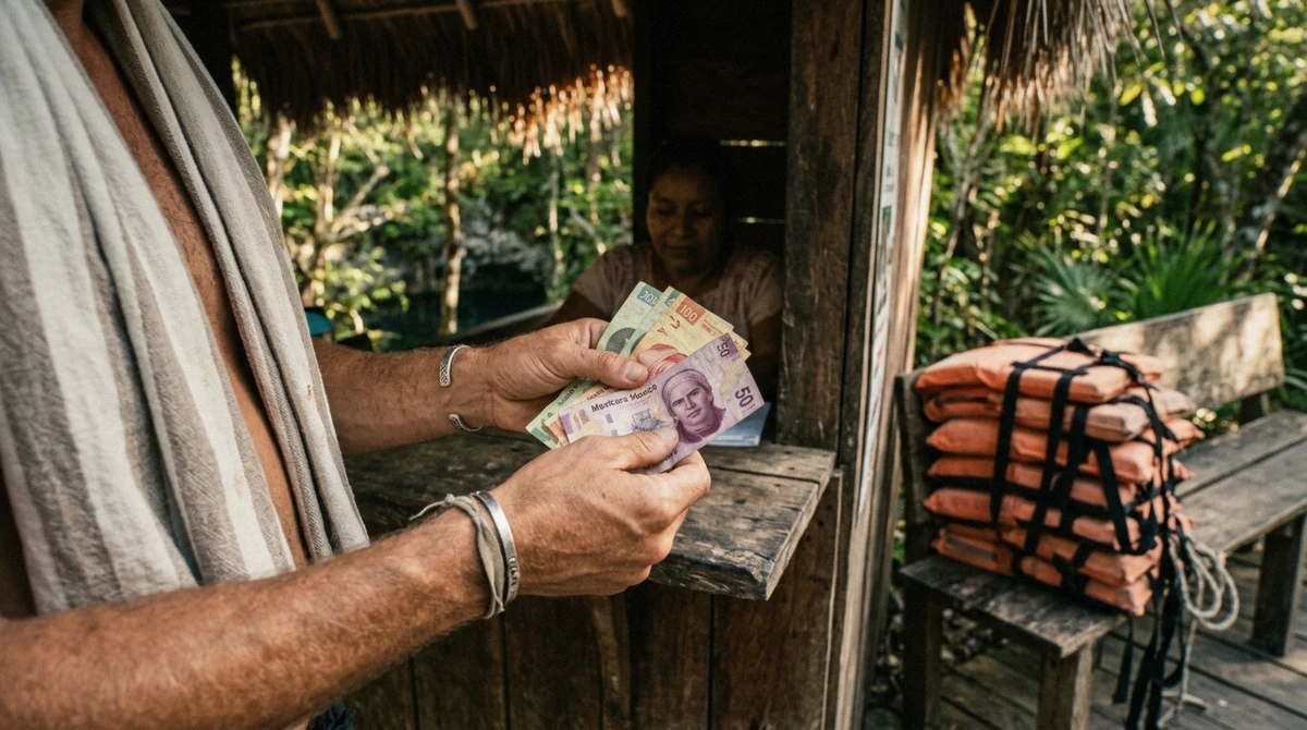 A traveller counting peso notes at a wooden ticket hut before a Tulum cenotes tour