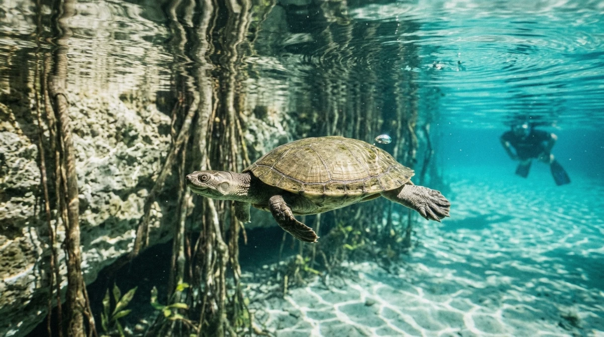 A freshwater turtle in the clear water of Gran Cenote near Tulum