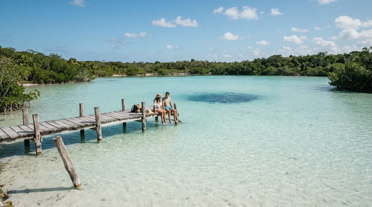 The shallow turquoise water of Laguna Kaan Luum with the deep cenote visible in the middle