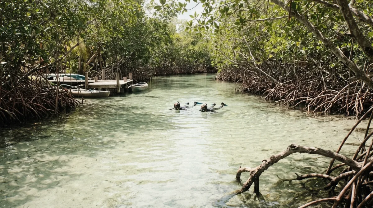 Snorkellers in the open mangrove channel of Casa Cenote on a Tulum cenotes tour