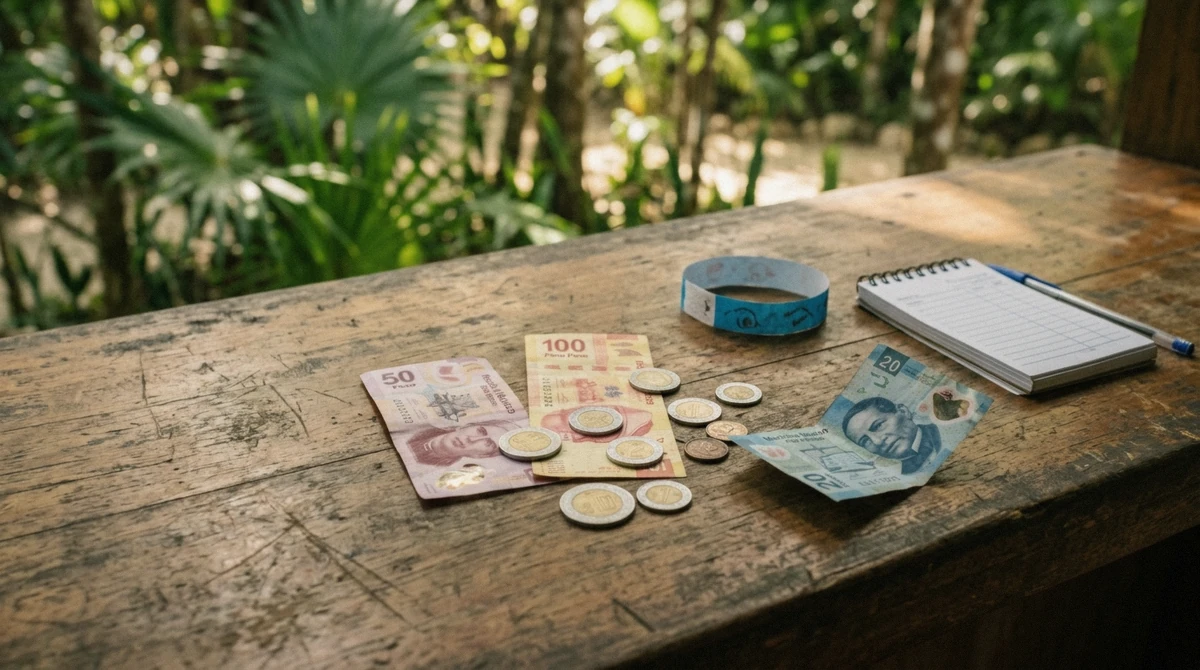 Peso notes on the counter of a cenote ticket hut near Tulum