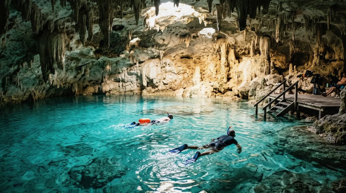 Snorkellers in shafts of daylight inside the cavern at Cenote Dos Ojos near Tulum