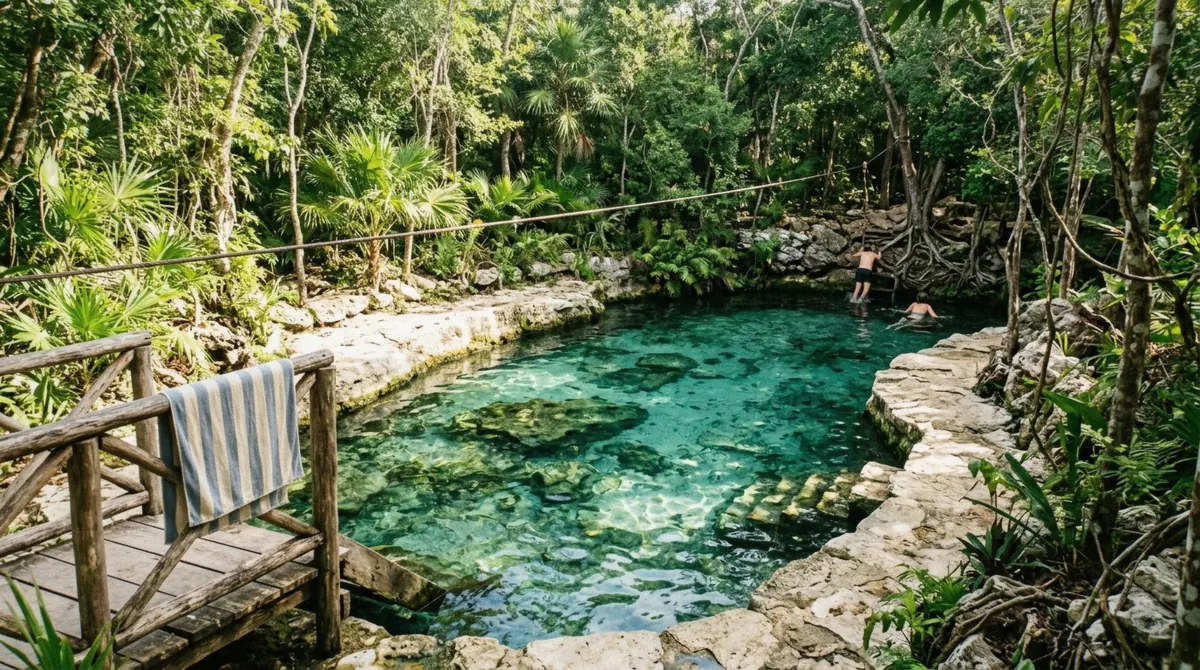The small clear pool-like cenote at Zacil-Ha near Tulum with a zip line above the water